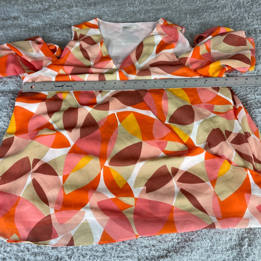 Cato Cold Shoulder Blouse Orange Pink Geometric Leaf Print V-Neck Top Womens L - Picture 3 of 8